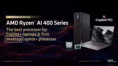 Présentation AMD Ryzen AI 400 Series avec images de puces et PC portable sur fond noir.
