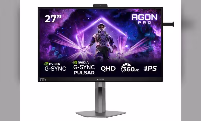 AOC AGON PRO AG276QSG2 : écran QHD 360 Hz G‑SYNC Pulsar à 645 € 1 Écran AOC AGON PRO AG276QSG2 avec G-SYNC, QHD, 360 Hz, 27 pouces, illustration de jeu futuriste.