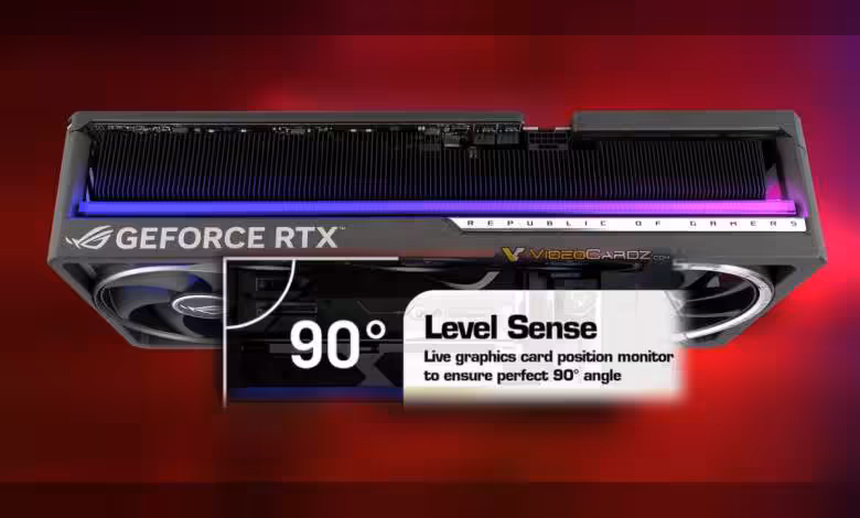 ASUS GPU Tweak III active Level Sense sur les ROG Astral et affine la stabilité 1 Carte graphique ASUS GeForce RTX avec éclairage RGB vibrant, fond rouge sombre et contrasté