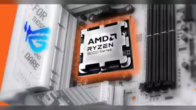 Ryzen 7 9800X3D : ASUS répond aux pannes signalées sur B850 et X870E 2 Processeur AMD Ryzen 8000 Series sur carte mère, éclairage contrasté et fond orange vif