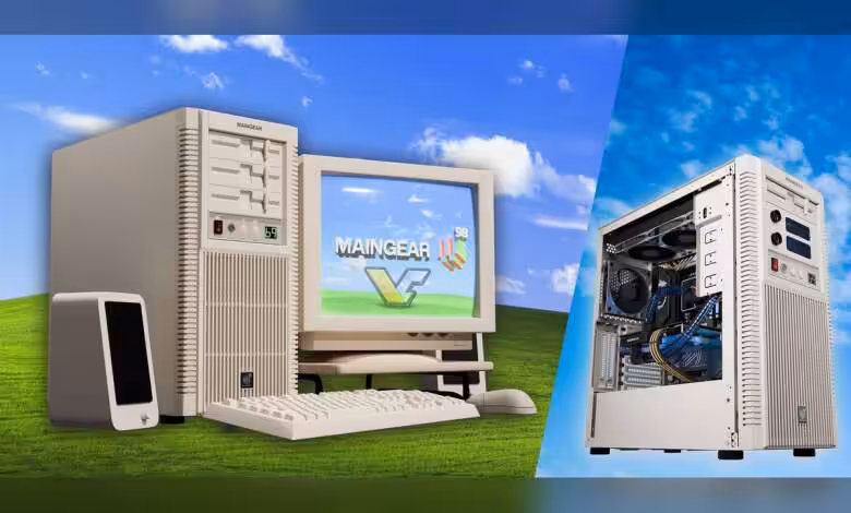 MAINGEAR Retro98 : un PC beige en édition limitée avec Ryzen 9 9950X3D et RTX 5090 1 Ordinateur MAINGEAR Retro98 complet sur fond type ciel, contraste fort, couleurs vives