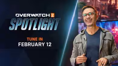 Présentation Overwatch 2 Spotlight avec présentateur, date et heure indiquées.