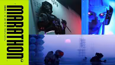 Montage d'images du jeu Marathon avec contrastes forts et couleurs vives.