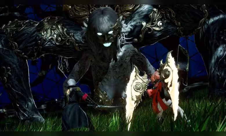 Code Vein II : un système de partenaires central et combat affûté 1 Deux personnages combattant une créature géante avec ailes dorées dans Code Vein II.