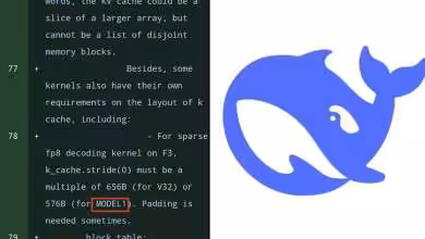 Écran affichant du code source et logo bleu de baleine relatif à DeepSeek MODEL1.