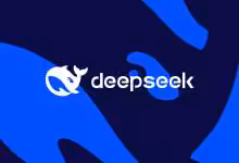 Logo DeepSeek avec silhouette de baleine sur fond bleu et noir.