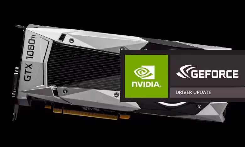 Driver de sécurité NVIDIA 582.28 pour GPU legacy Maxwell/Pascal/Volta, failles corrigées 1 Carte graphique NVIDIA GTX 1080 Ti avec logo et texte de mise à jour de driver GeForce.
