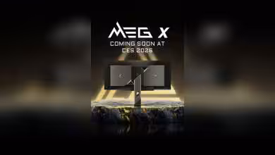 Écran gaming MSI MEG X, technologie QD-OLED, présentation prévue au CES 2026, design moderne, aspects géométriques.