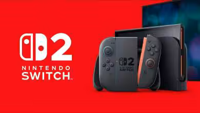 Concept de la console Nintendo Switch 2 avec manettes et écran en fond rouge.