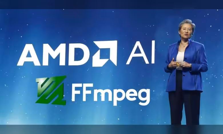 FFmpeg recadre un patch AMD jugé “AI slop” et ferme un PR HIP pour Windows 1 Présentation avec logos AMD AI et FFmpeg sur fond bleu avec personne sur scène.