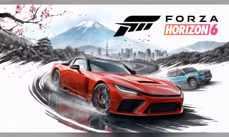 Forza Horizon 6 daté au 19 mai, version PS5 attendue plus tard en 2026 1 Illustration artistique avec voiture rouge sous Mont Fuji et logo Forza Horizon 6.