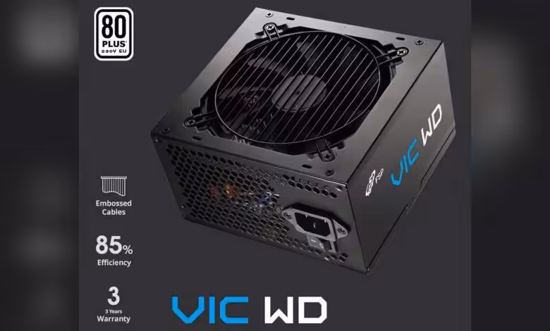 FSP VIC WD : alimentations ATX d’entrée de gamme 80 PLUS 230V EU 1 Boîtier PSU FSP VIC WD, logo "80 Plus 230V EU", efficacité 85%, câbles intégrés, garantie 3 ans.