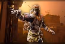 Personnage de jeu vidéo en tenue post-apocalyptique avec arme futuriste.