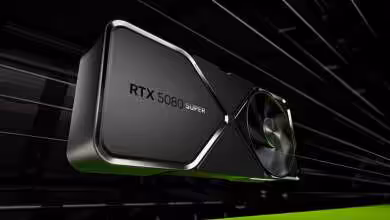 Carte graphique NVIDIA RTX 5080 SUPER avec design moderne et ventilateurs apparents