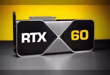 Carte graphique GeForce RTX 60 avec design noir et accents argentés, fond jaune.