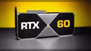 Carte graphique GeForce RTX 60 avec design noir et accents argentés, fond jaune.