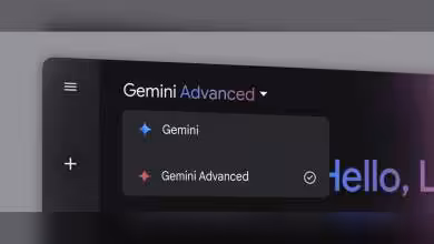 Interface utilisateur de l'application Google Gemini avec options "Gemini" et "Gemini Advanced" affichées.