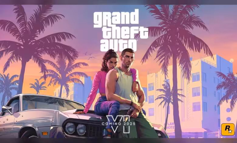 GTA 6 digital-only au lancement: sortie dématérialisée sur consoles et PC dès 2026 1 Couverture promotionnelle Grand Theft Auto VI, ambiance urbaine avec deux personnages devant une voiture rétro.