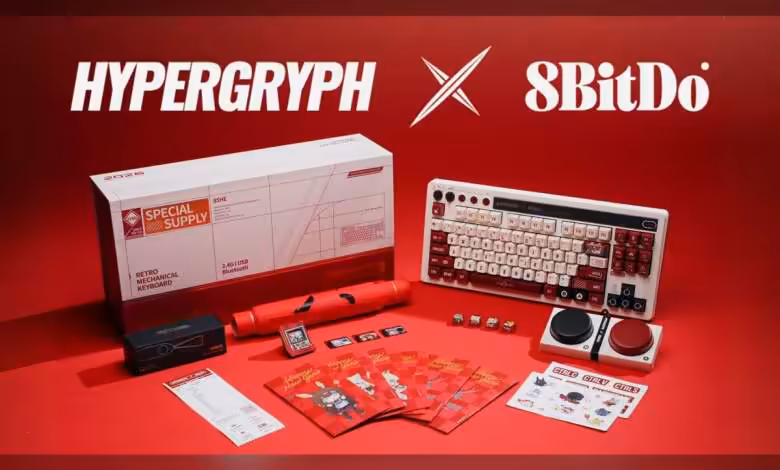 HYPERGRYPH x 8BitDo Retro 87 : coffret Nouvel An avec clavier dès 64 € 1 Coffret HYPERGRYPH x 8BitDo Retro 87 avec clavier, accessoires et packaging rouge.
