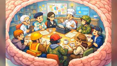 Illustration de diverses professions discutant autour d'une table dans un cerveau dessiné.