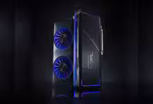 Carte graphique Intel Arc B770 avec design à double ventilateur et éclairage bleu.