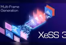 Illustration XeSS 3 d'Intel avec génération multi-images et effets lumineux futuristes.