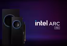 Cartes graphiques Intel Arc Pro avec design élégant et logo sur fond violet