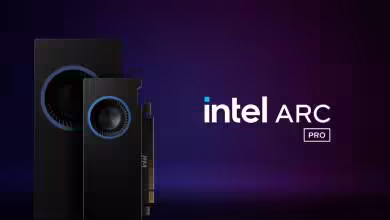 Cartes graphiques Intel Arc Pro avec design élégant et logo sur fond violet