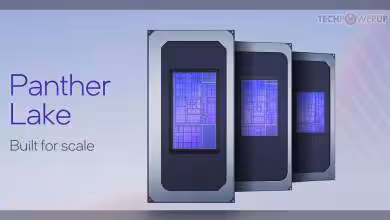 Processeurs Intel Panther Lake avec design moderne et éclairage bleu violet