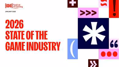 Couverture du rapport 2026 sur l'industrie du jeu vidéo avec graphismes géométriques.