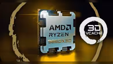 Processeur AMD Ryzen 9850X3D sur fond sombre avec logo 3D V-Cache, éclairage doré intense