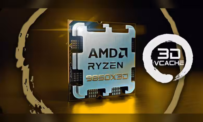 Ryzen 7 9850X3D : un leak le donne à +2,88% vs 9800X3D en 1080p avec RTX 5090 1 Processeur AMD Ryzen 9850X3D sur fond sombre avec logo 3D V-Cache, éclairage doré intense