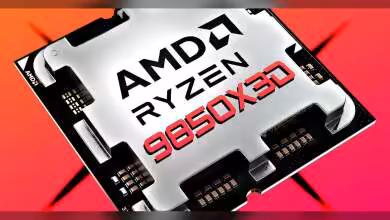 AMD Ryzen 9850X3D avec design graphique contrasté, couleurs vives orange et noir.