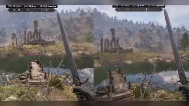 Capture comparaison jeu DLSS 4.5 résolution 240p vs 360p sur paysage rivière et forêt