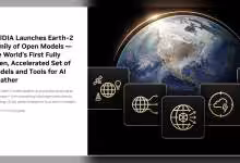Visuel NVIDIA Earth-2 avec icônes météo et texte explicatif
