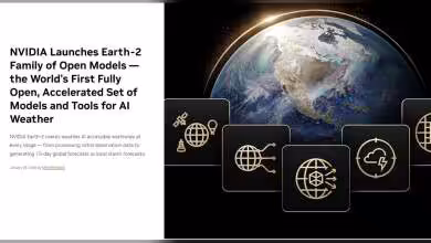 Visuel NVIDIA Earth-2 avec icônes météo et texte explicatif