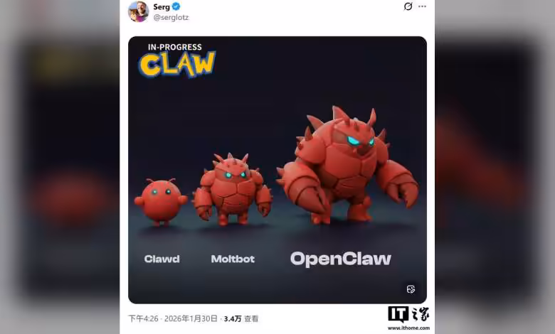 OpenClaw remplace Clawdbot : assistant open source, proactif et modèle-agnostique 1 Modèles 3D des personnages Clawd, Moltbot, et OpenClaw avec design de robots rouges.
