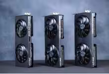 Trois cartes graphiques PNY RTX 5070, 5070 Ti, 5080 alignées verticalement