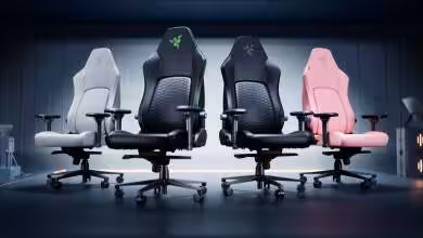 Chaises gaming Razer Iskur V2 NewGen en blanc, noir, rose avec soutien lombaire et accoudoirs ajustables.