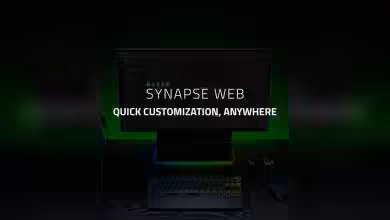 Interface Razer Synapse Web avec clavier et souris sur fond noir et vert lumineux