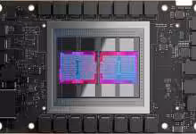 GPU AMD avec circuit intégré central, composants visibles.