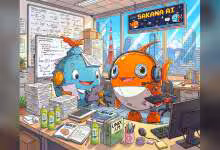 Deux robots poissons Sakana AI dans un bureau, avec vue sur la ville, montagnes en arrière-plan.