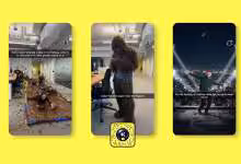 Trois captures d'écran Snapchat montrant des scènes humoristiques avec costumes et arrière-plans variés.