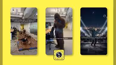 Trois captures d'écran Snapchat montrant des scènes humoristiques avec costumes et arrière-plans variés.