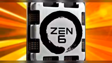Processeur AMD Zen 6 sur fond dynamique orange avec logo noir distinctif sur le dessus.