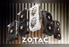 Variété de cartes graphiques ZOTAC sur fond rayé avec fort contraste et couleurs vives