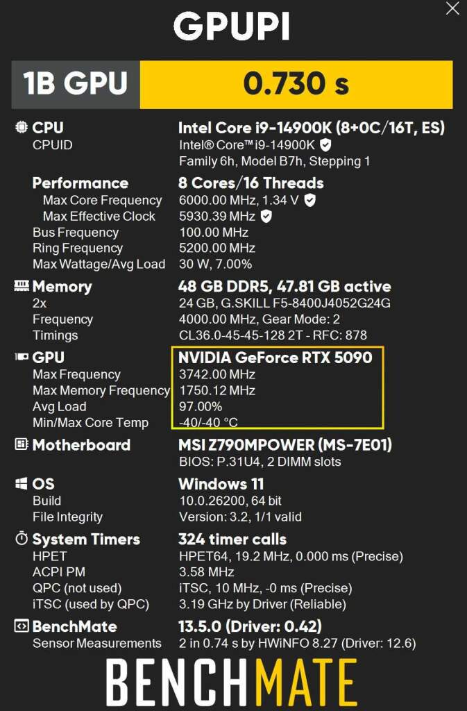 Carte graphique RTX 5090 Lightning MSI en overclock extrême lors d'une session XOC, dissipateur massif et alimentation jusqu'