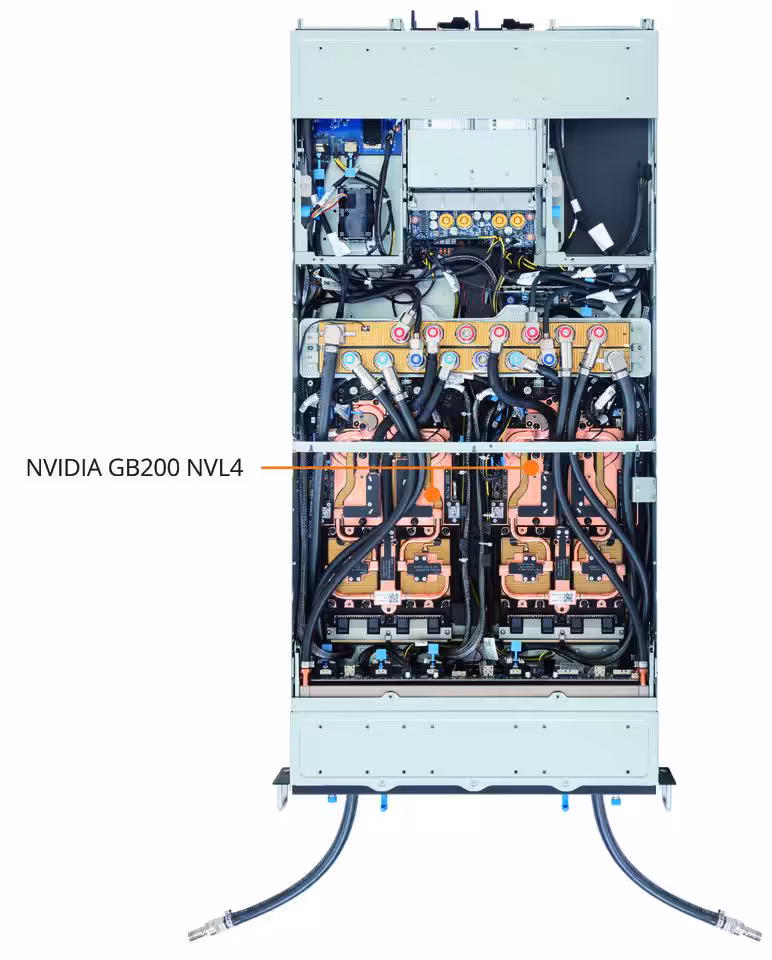 Vue interne du serveur AI Grace-Blackwell Giga Computing, montrant la carte NVIDIA GB200 NVL4