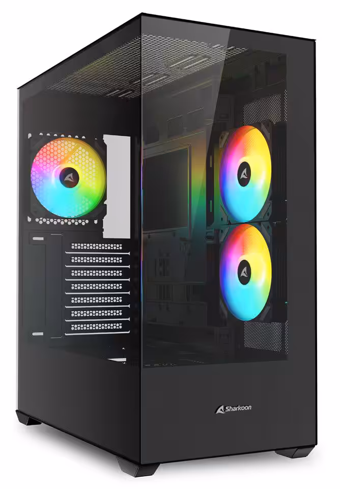 Boîtier Sharkoon SK6 ARGB avec panneau latéral en verre, ventilateurs RGB visibles.