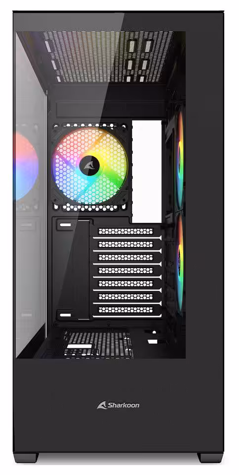 Vue frontale du boîtier Sharkoon SK6 ARGB montrant les ventilateurs RGB.
